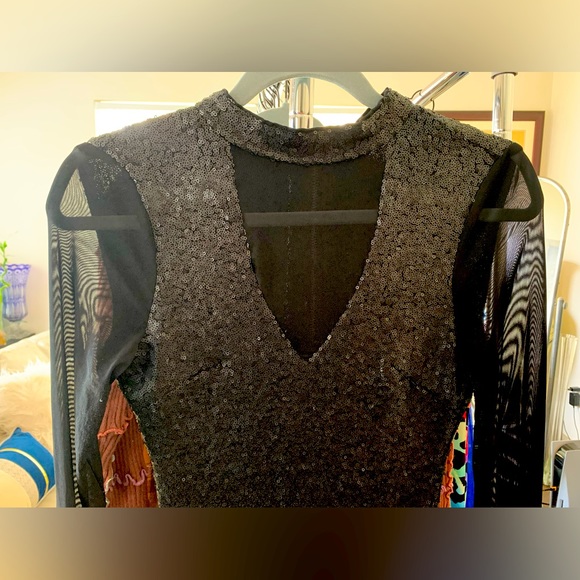 Sequin little black dress with sheer sleeves and front panel, medium - Picture 2 of 3